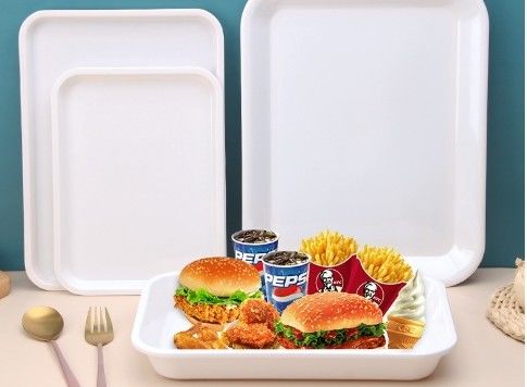 Un buen precio. Artículos de mesa de color blanco de melamina en bandeja grande bandeja de cocina para comida rápida en línea